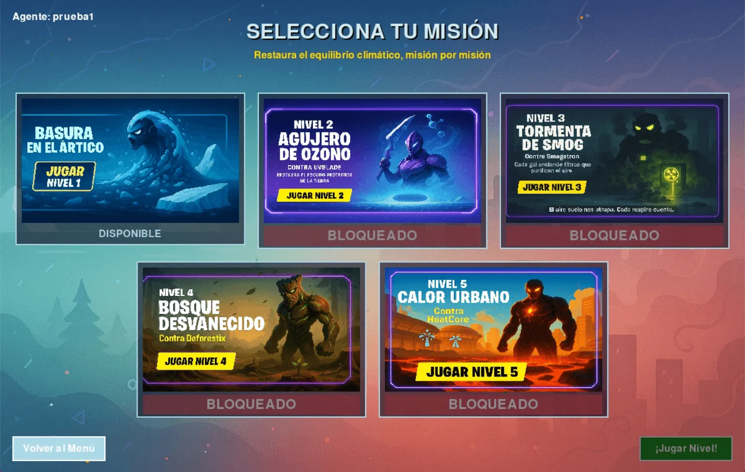 Pantalla de selección de nivel, con los villanos climáticos y los niveles bloqueados