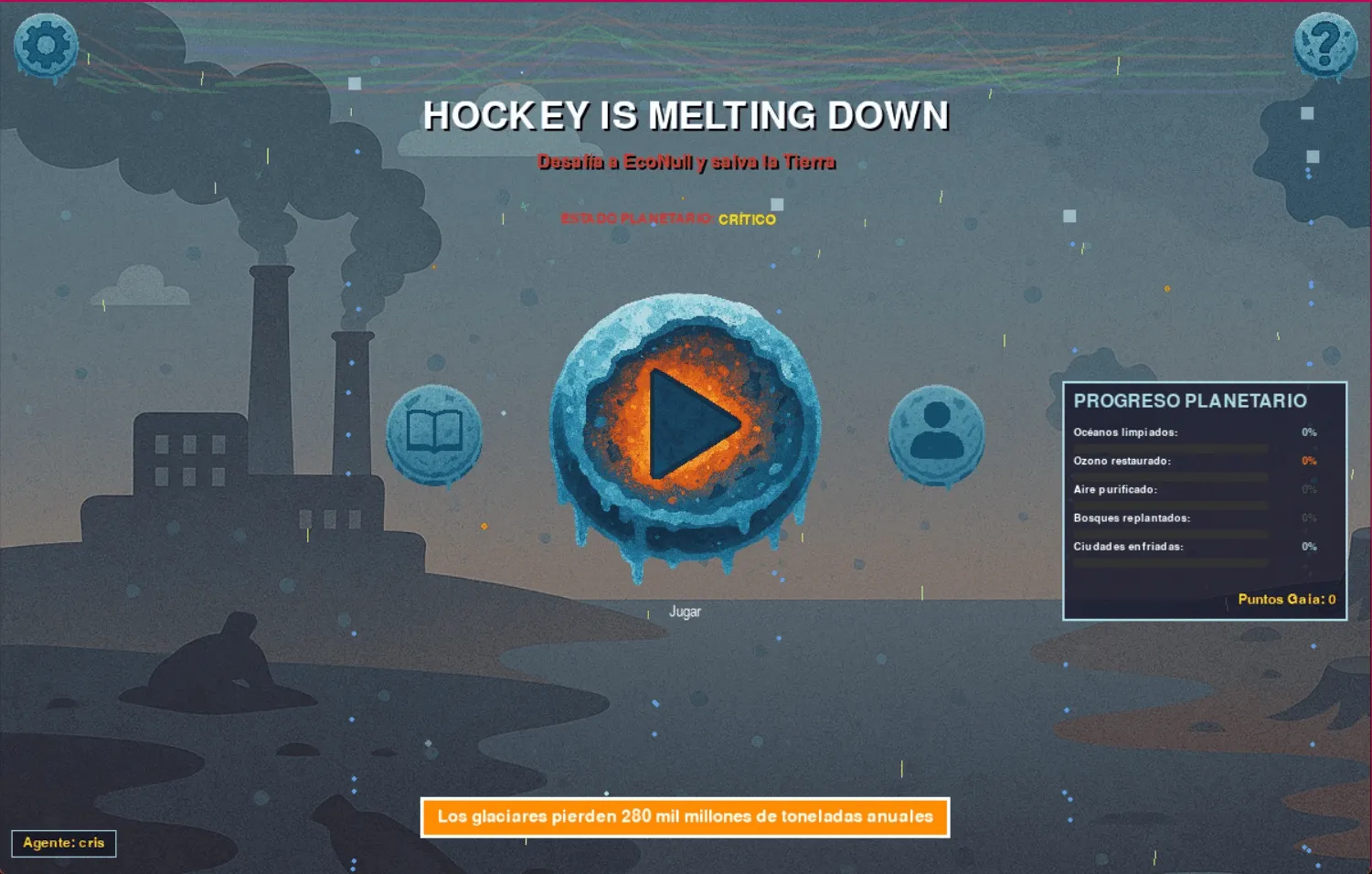 Pantalla de juego y estado del planeta: hielo derritiéndose, fábricas y barras de progreso