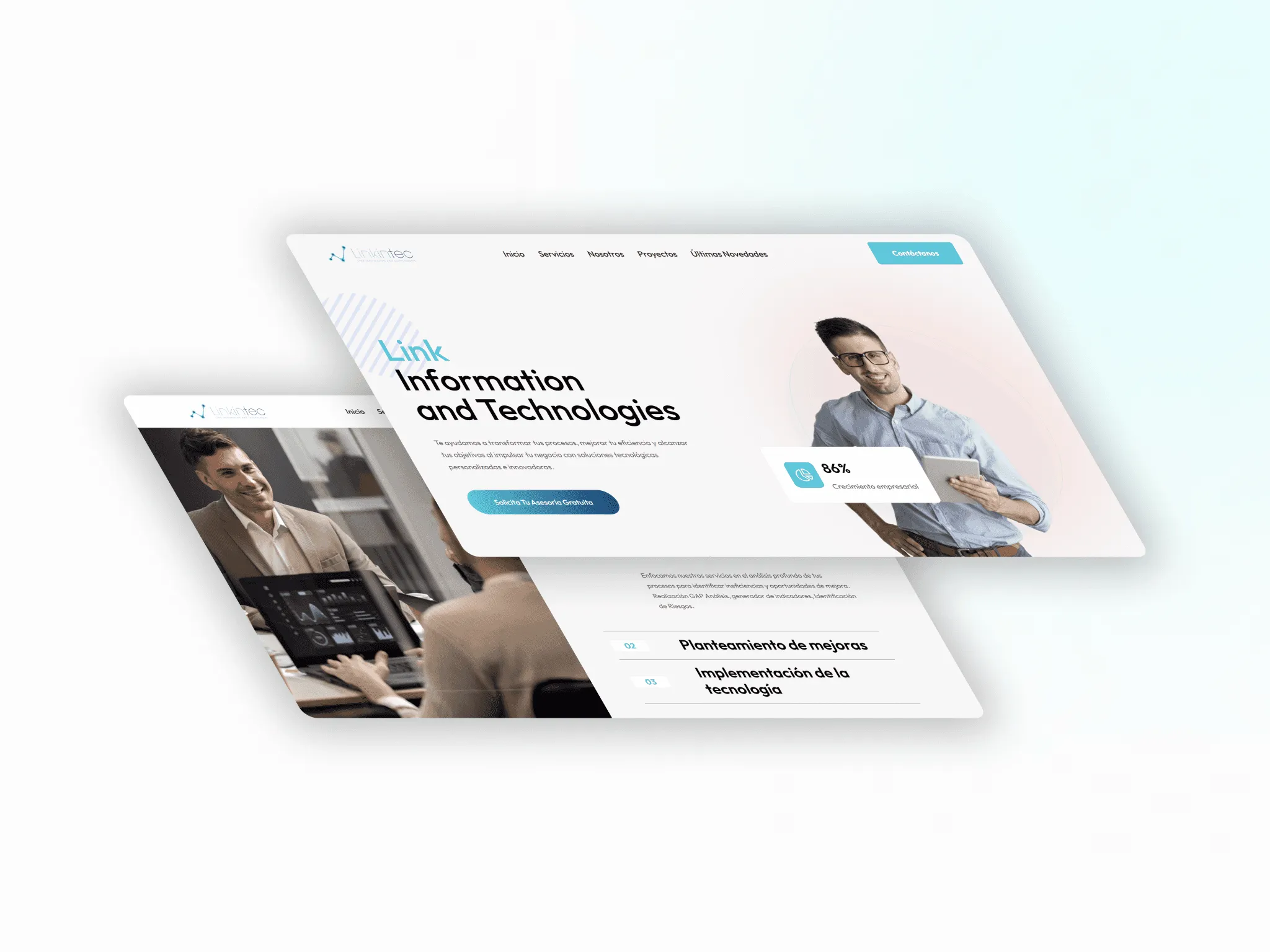 Presentación de dos pantallas de la landing page de Linkintec